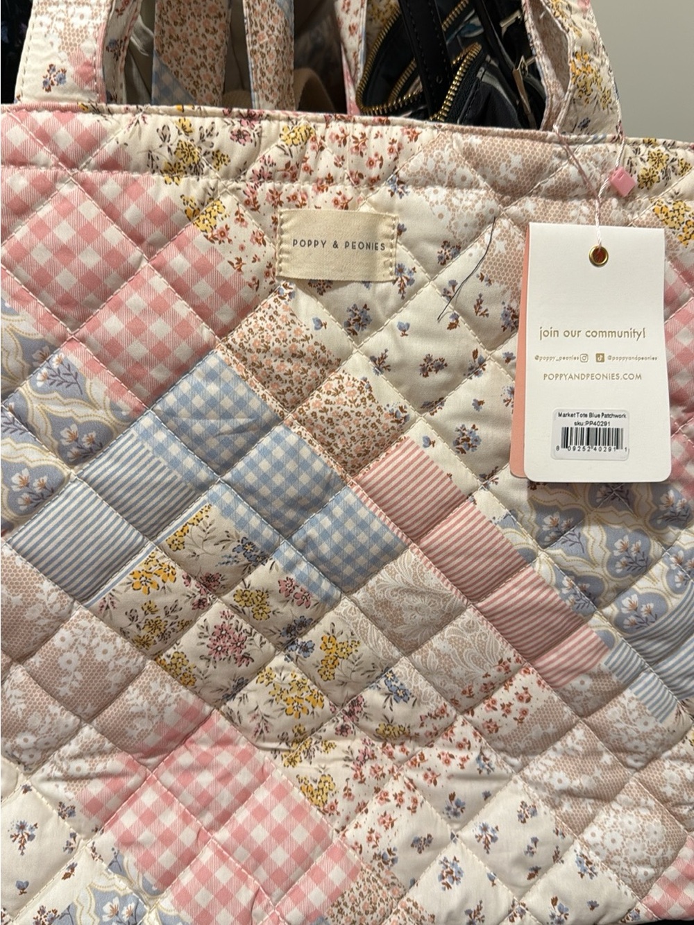 Poppy & Peonies Quilted Market Floral Patchwork Tote in Pink, Blue & Cream